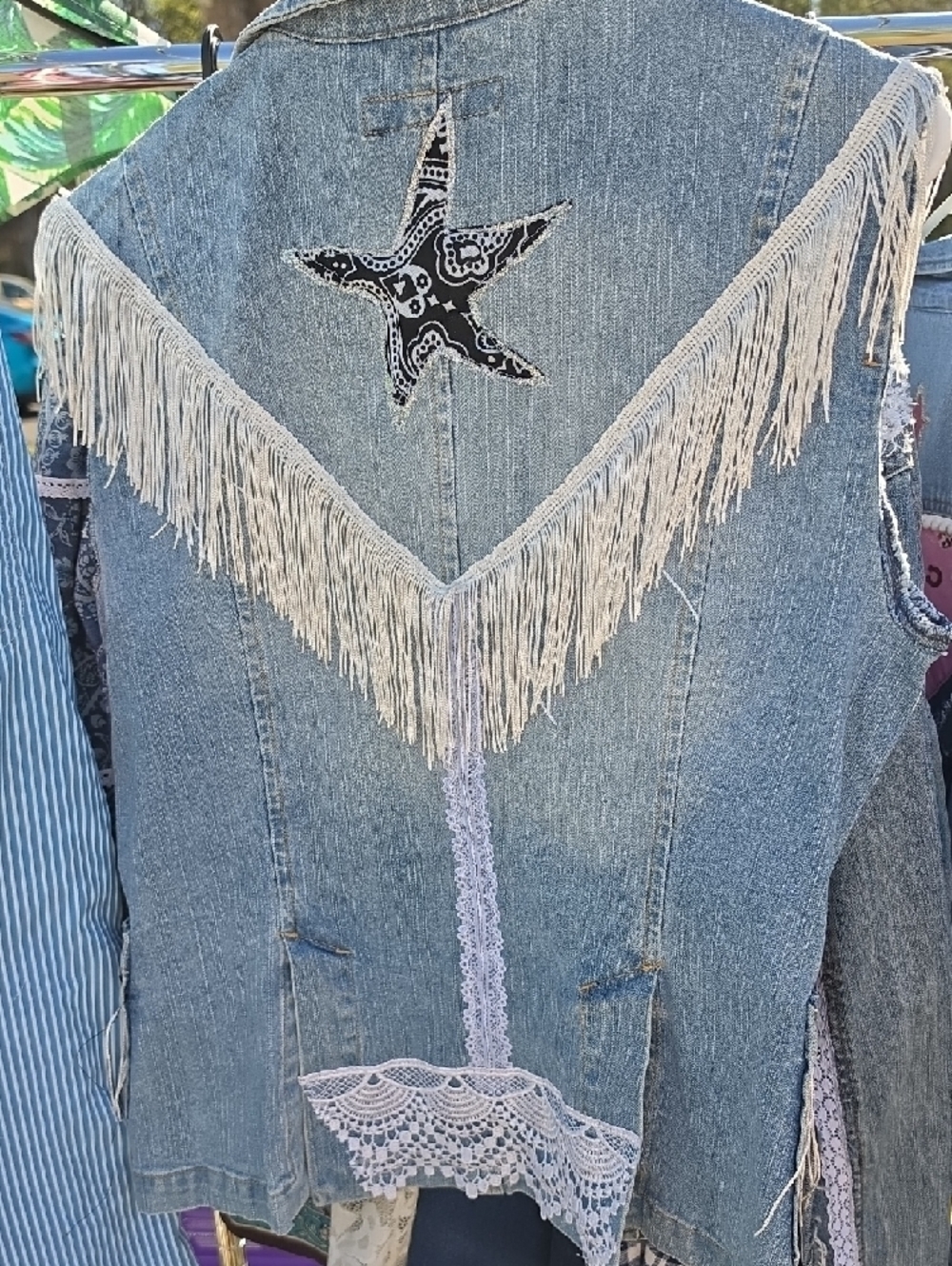 Lovingly Upcycled Denim Women’s Light Blue Sleeveless Jean Jacket with Lace Trim
